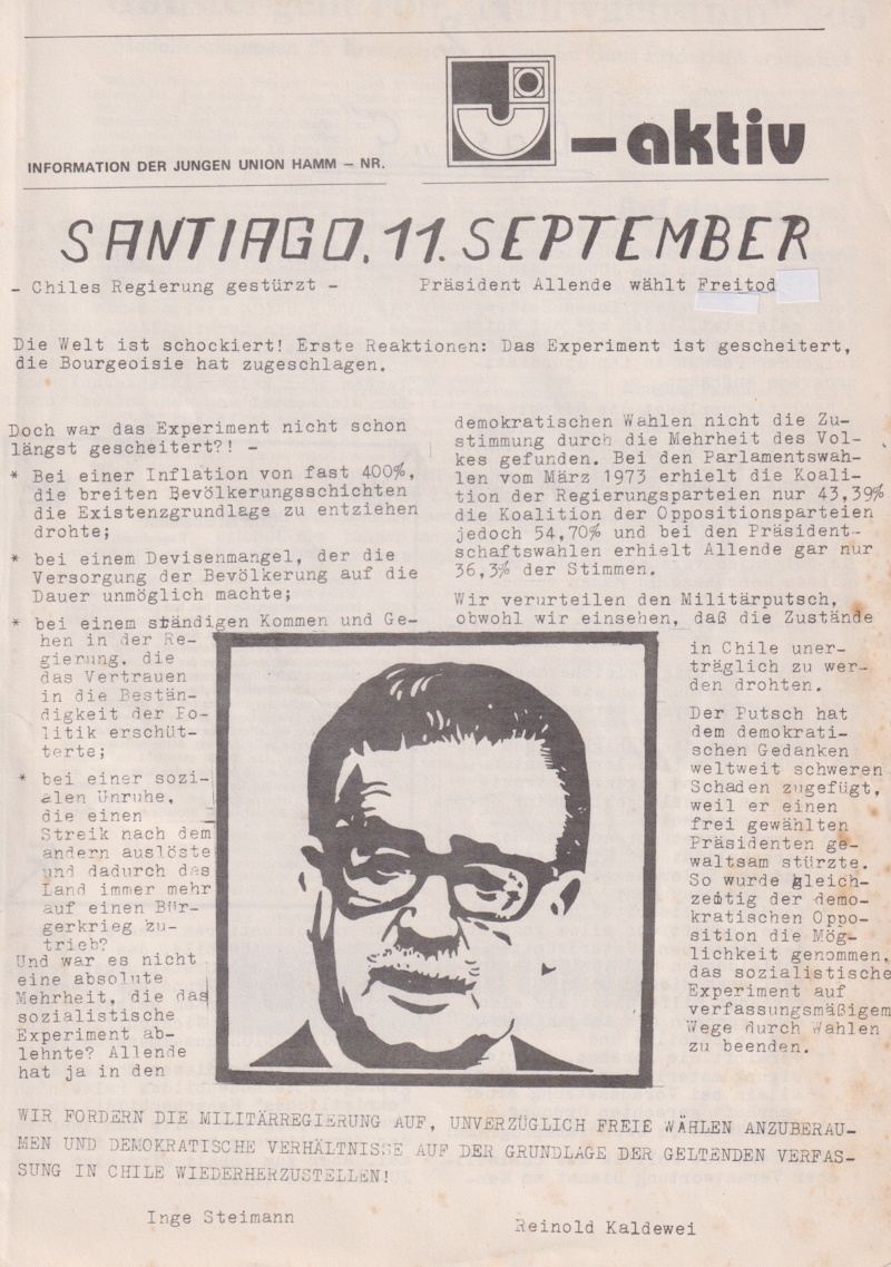 Zeitung der Jungen Union Hamm (Reinhold Kaldewei und Inge Steimann) zum Putsch in Chile 1973