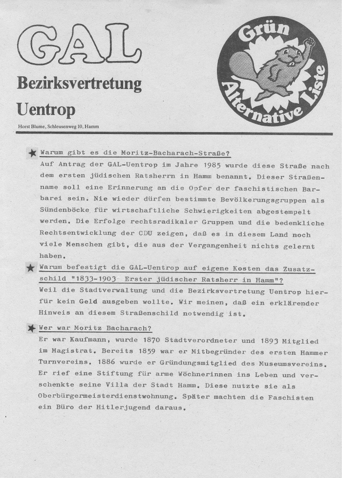 Flugblatt der GAL-Uentrop 1989 zur Moritz-Bacharach-Straße