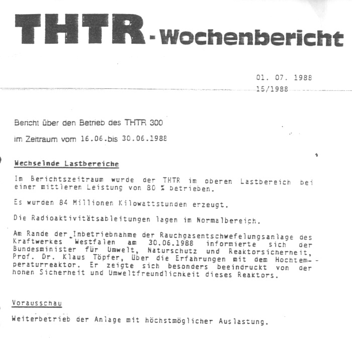 THTR-Wochenbericht aus dem Jahr 1988