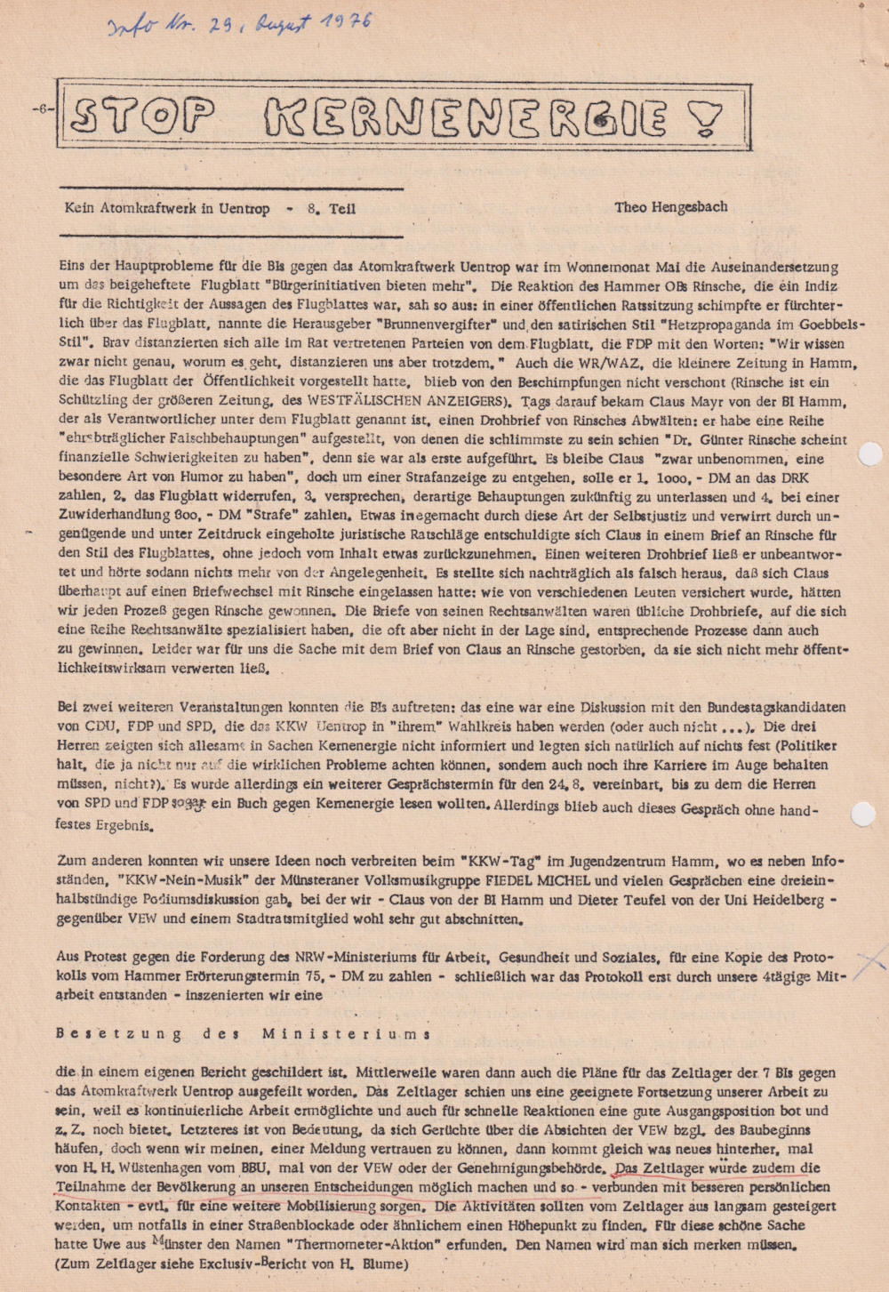 Informationsdienst für gewaltfreie Organisatoren, „Kein Atomkraftwerk in Uentrop" Teil 8, August 1976, Heft 29