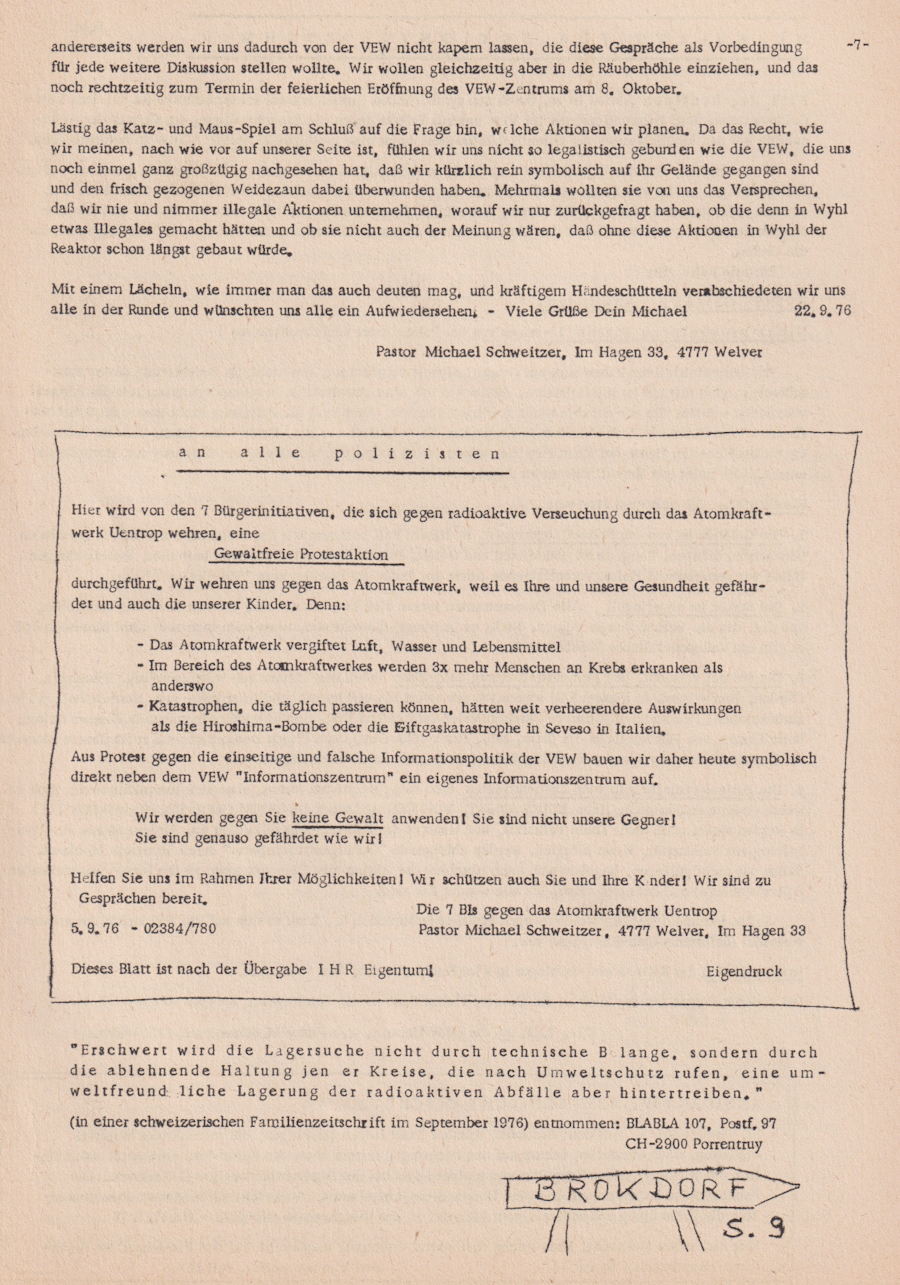 Informationsdienst für gewaltfreie Organisatoren, „Kein Atomkraftwerk in Uentrop" Teil 9, September 1976, Heft 30