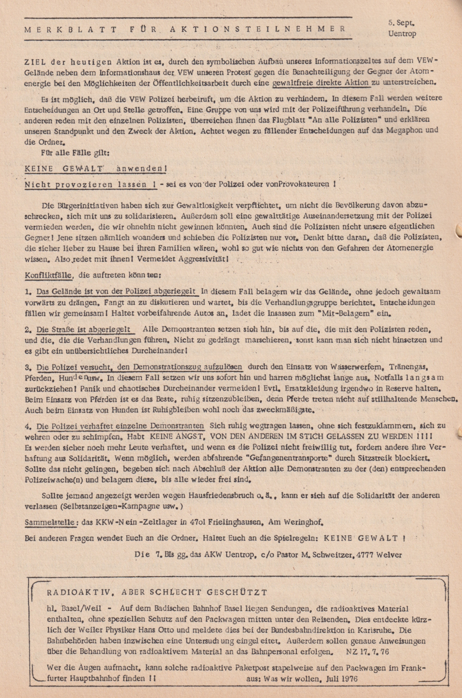 Informationsdienst für gewaltfreie Organisatoren, „Kein Atomkraftwerk in Uentrop" Teil 9, September 1976, Heft 30