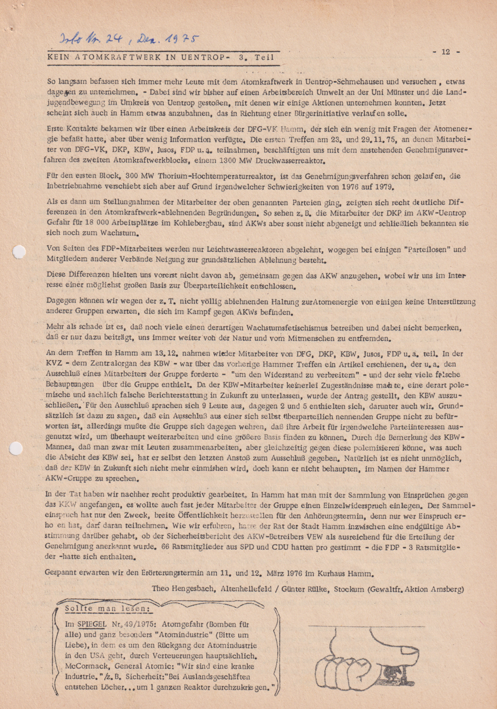 Informationsdienst für gewaltfreie Organisatoren, „Kein Atomkraftwerk in Uentrop" Teil 3, Dezember 1975, Heft 24