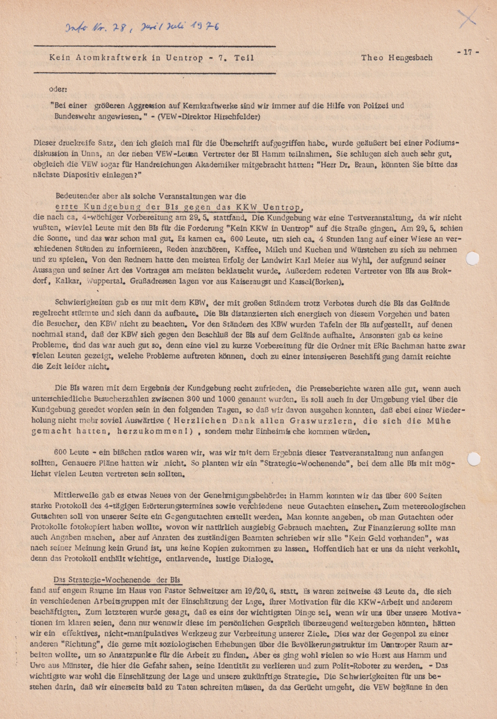 Informationsdienst für gewaltfreie Organisatoren, „Kein Atomkraftwerk in Uentrop" Teil 7, Juni/Juli 1976, Heft 28