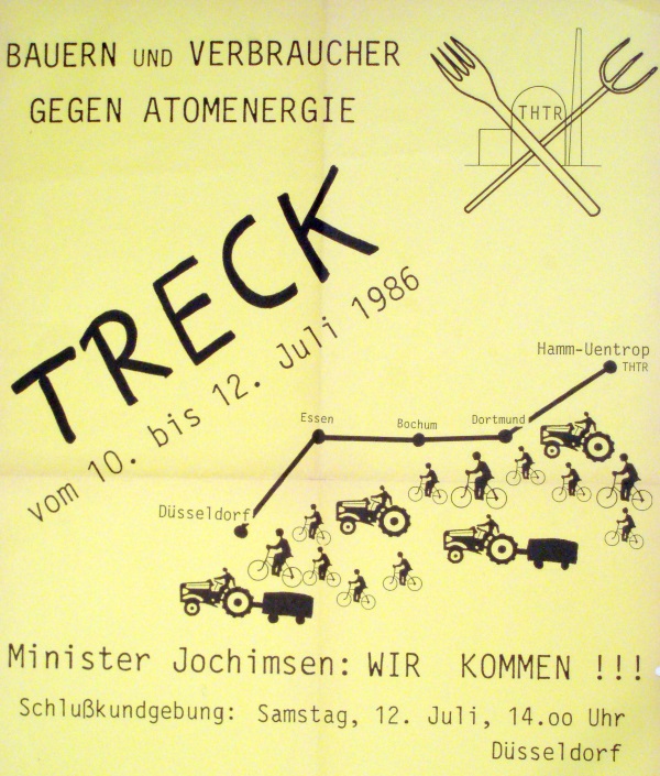 Plakat für den Treckertreck von Hamm nach Düsseldorf 1986. Dauer: 3 Tage