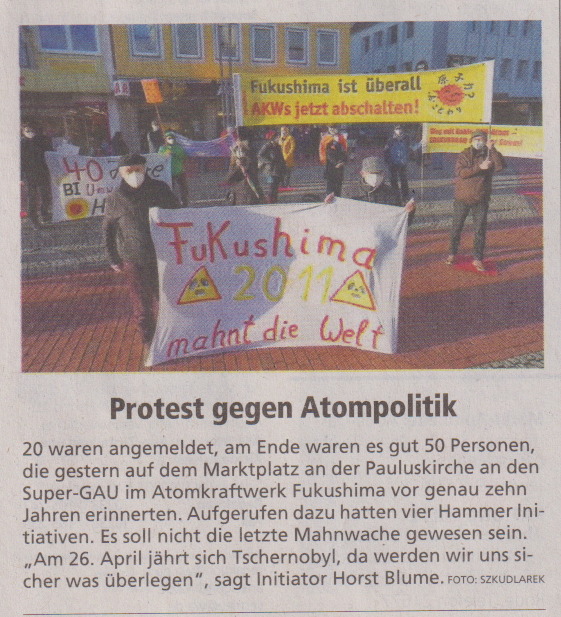WA- Artikel zur Fukushima-Mahnwache in Hamm, 2021